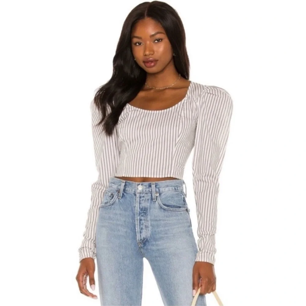 Free People Caroline Striped Long Puff Sleeve Blouse Top